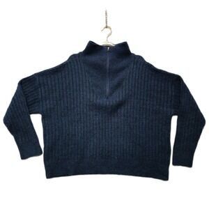 LUCKY‎ BRAND Blue Ribbed Mock Neck Womens XL Cropped Half Zip Sweater Cozy